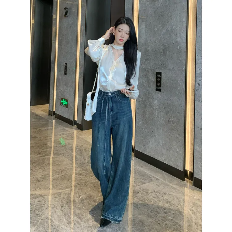 JIJINQI秋款气质复古绑带裤子水洗阔腿高个拖地牛仔裤JINQB0821