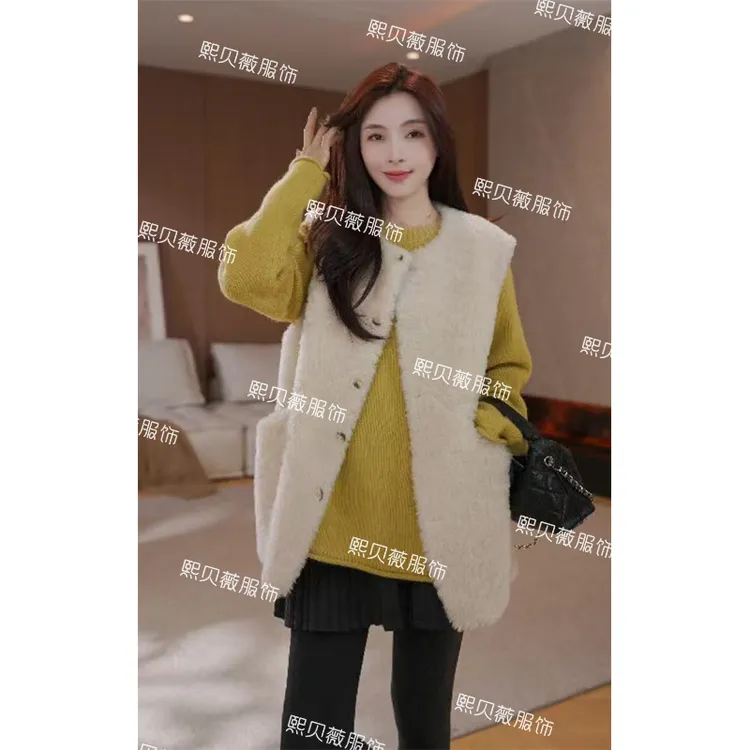 熙贝薇5 100绵羊毛秋季新款保暖羊羔毛女士无袖马甲背心 G5335