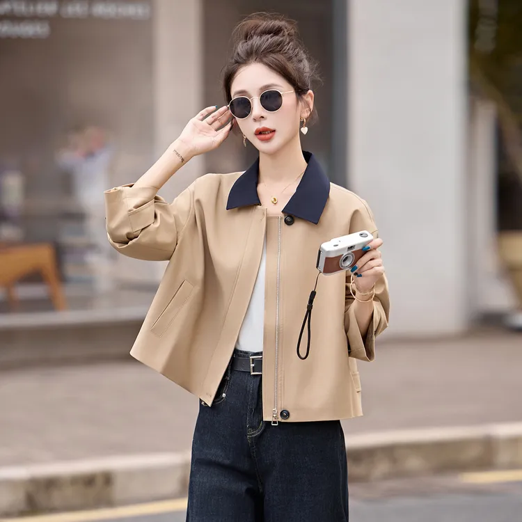 外套女短款2025春秋款拼接撞色简约洋气宽松版纯色气质短风衣通勤