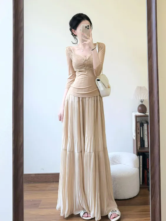 2025夏季新款法式气质修身穿搭软糯蕾丝边针织衫高腰半身裙两件套