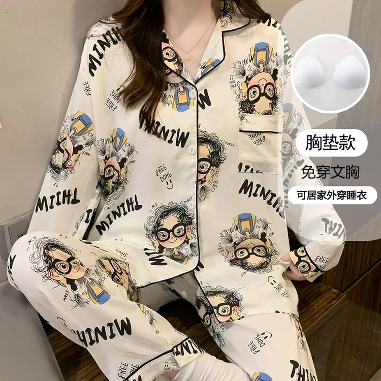 带胸垫可外穿长袖睡衣女春秋季ins风家居服卡通开衫套装3064