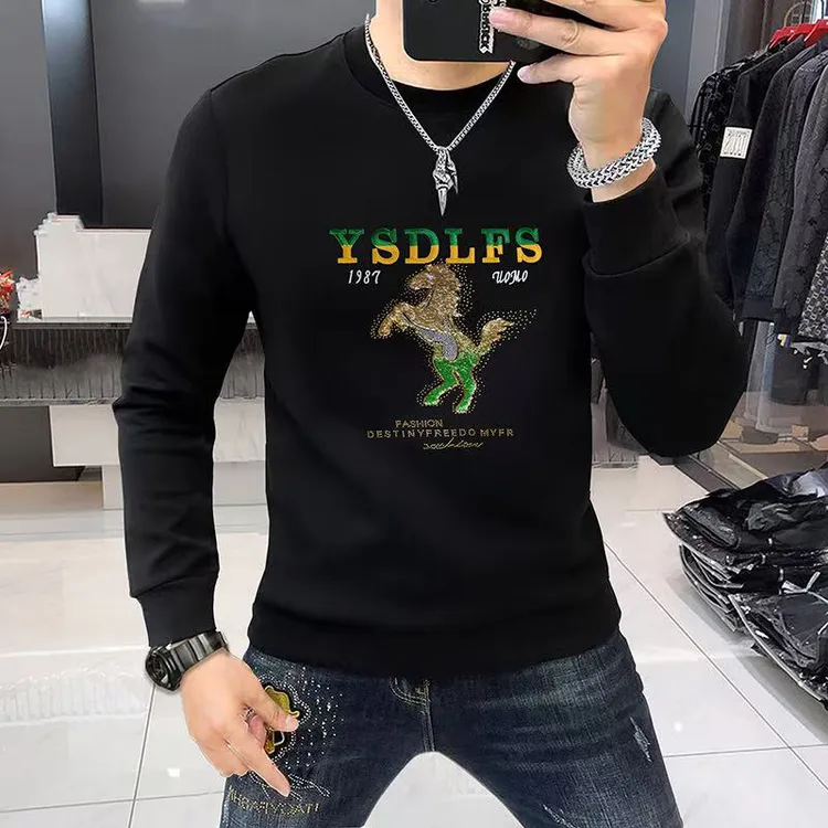 高级感潮男卫衣烫钻亮片欧货印花长袖圆领T恤加绒加厚打底秋冬款