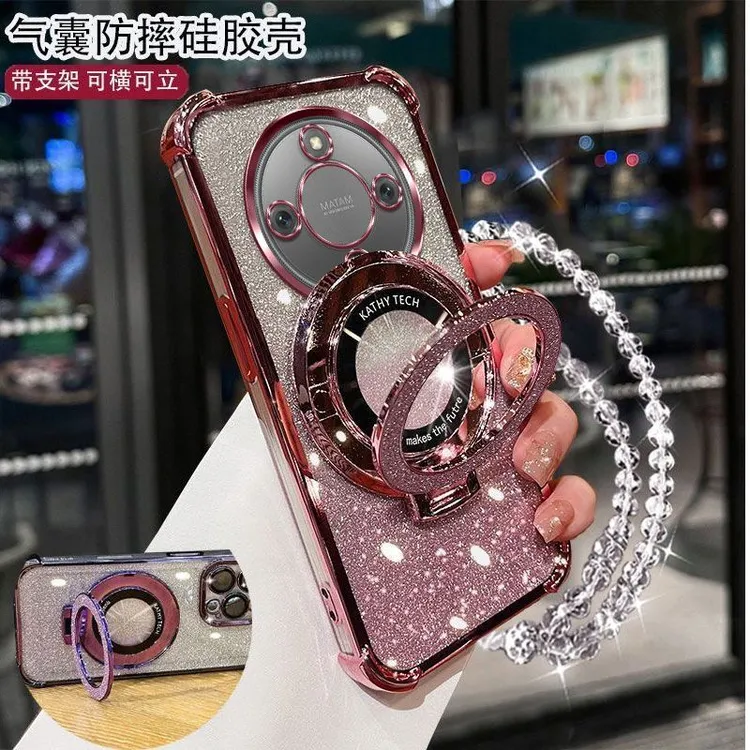 荣耀X70手机壳MTNAN80轻奢女款闪粉四角气囊防摔带镜头膜支架手链