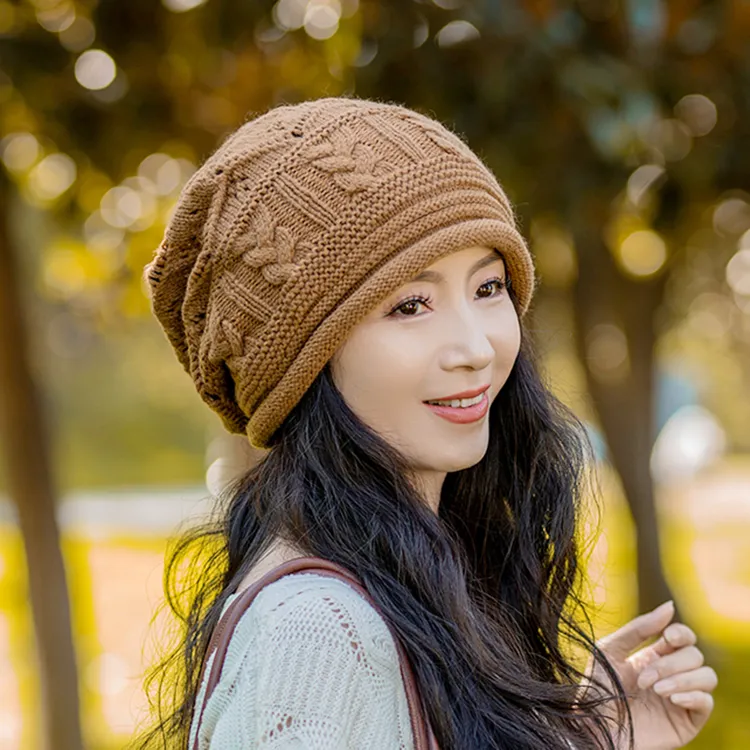 帽子女秋冬时尚妈妈百搭镂空手工针织堆堆帽大头围薄款包头毛线帽