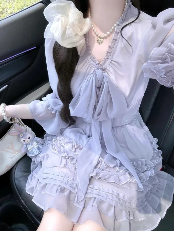 SS1128紫雾美学 星黛露紫木耳边蝴蝶结仙仙上衣短裙套装女