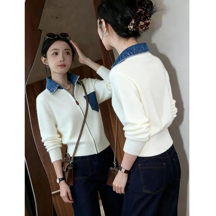 设计感翻领牛仔拼接假两件针织开衫女秋冬季宽松双拉链毛衣外套潮