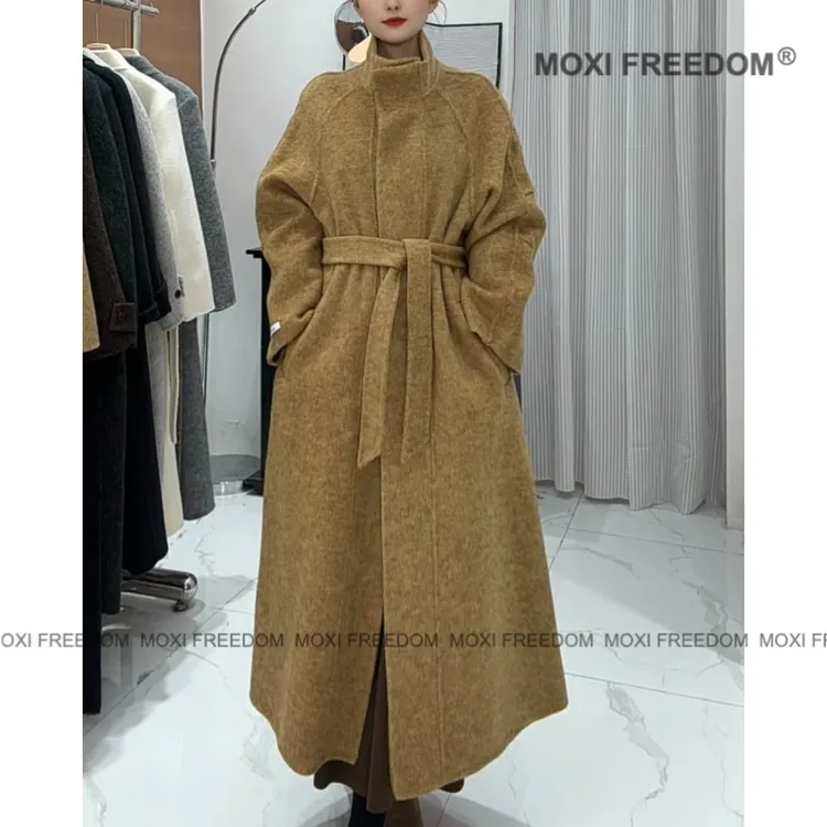 【缪斯之语】高品质羊绒腰带款休闲中长款双面羊绒毛大衣外套
