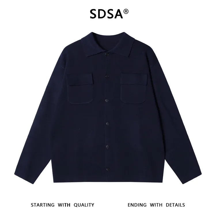SDSA男士秋冬新款痞帅男装老钱风翻领毛衣纯色贴袋设计百搭针织衫