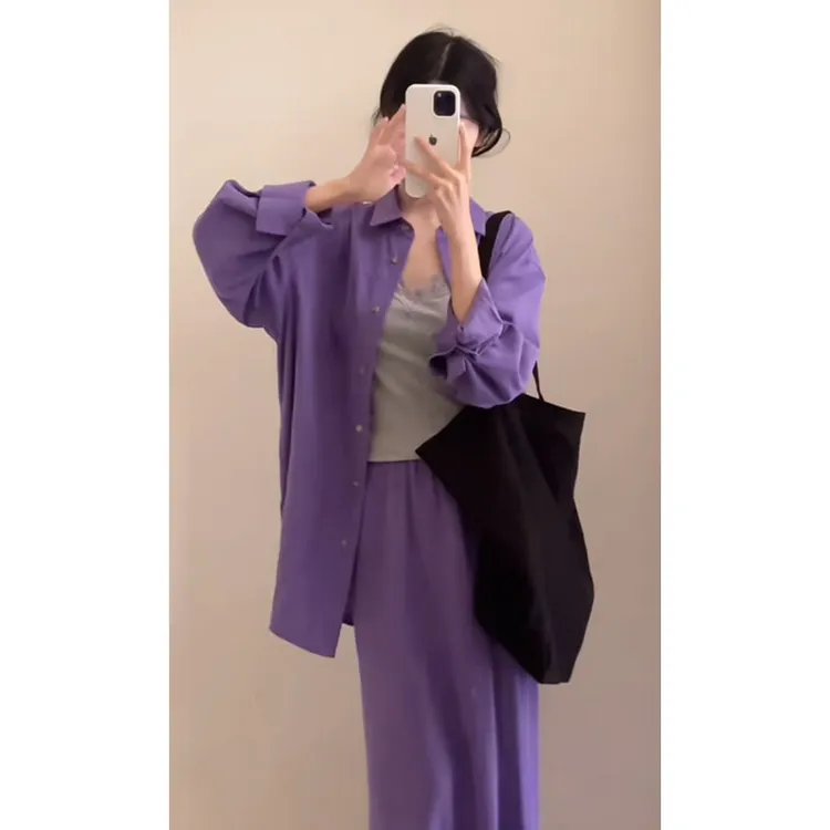 轻熟风休闲百搭气质设计感长袖衬衫高腰修身显瘦a字长裙两件套女