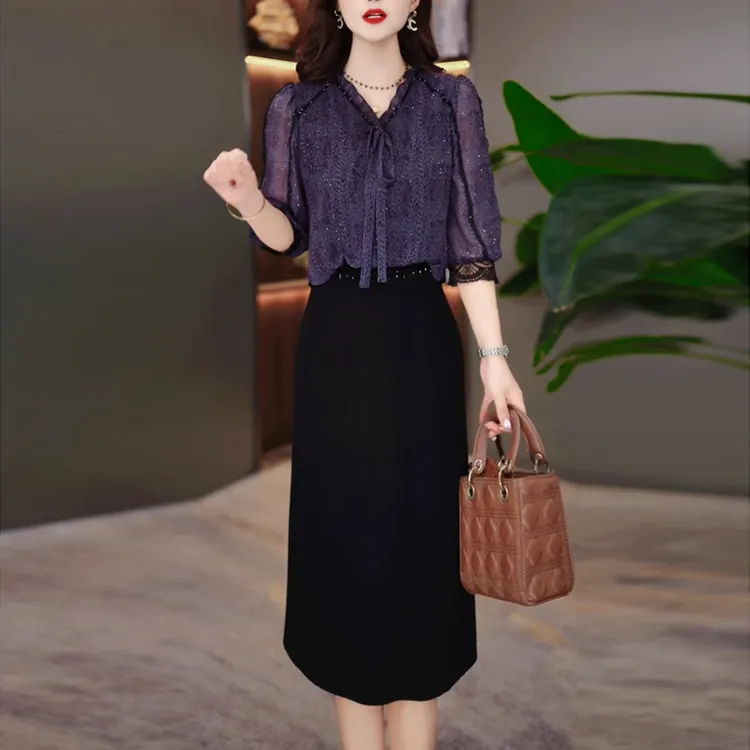 气质名媛风时尚拼接连衣裙女2025年新款夏季洋气妈妈装假两件裙子