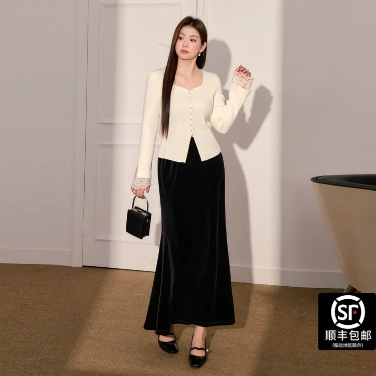 蓝语大码女装胖mm法式显瘦针织上衣丝绒鱼尾半身裙一整套秋季穿搭