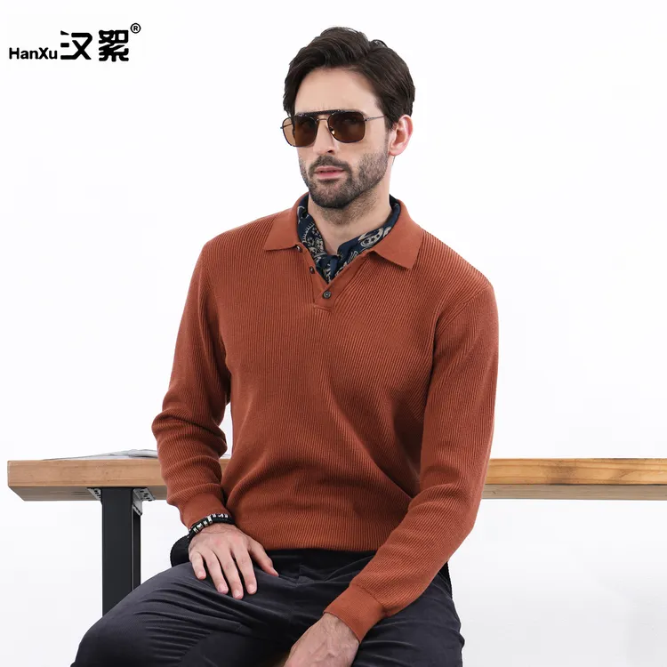 汉絮秋冬季纯棉Polo领毛衣男士翻领套头针织衫上衣男商务休闲长袖