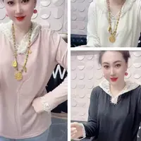 高级感减龄小个子时尚毛衣2025慵懒连帽蕾丝拼接针织衫上衣25014