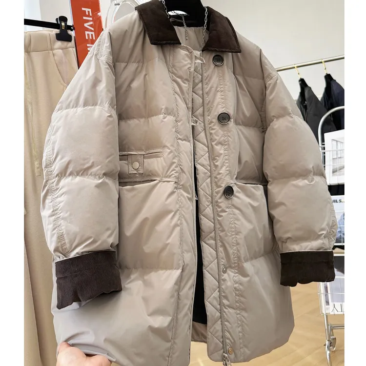 韩系高级感巴恩风撞色翻领中长款棉服女冬季时尚面包服保暖外套