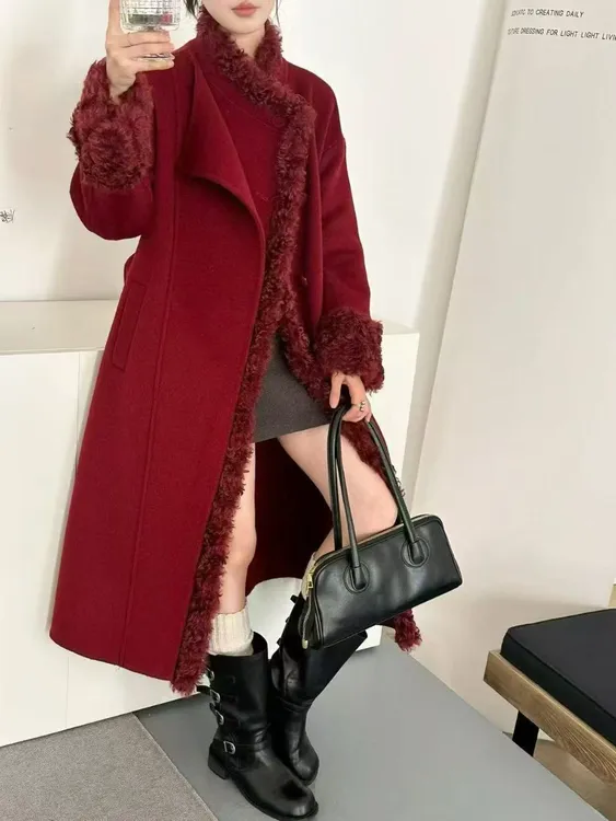 韩版羊羔毛拼接双面羊毛大衣女秋冬新款高级感加厚长款毛呢外套女