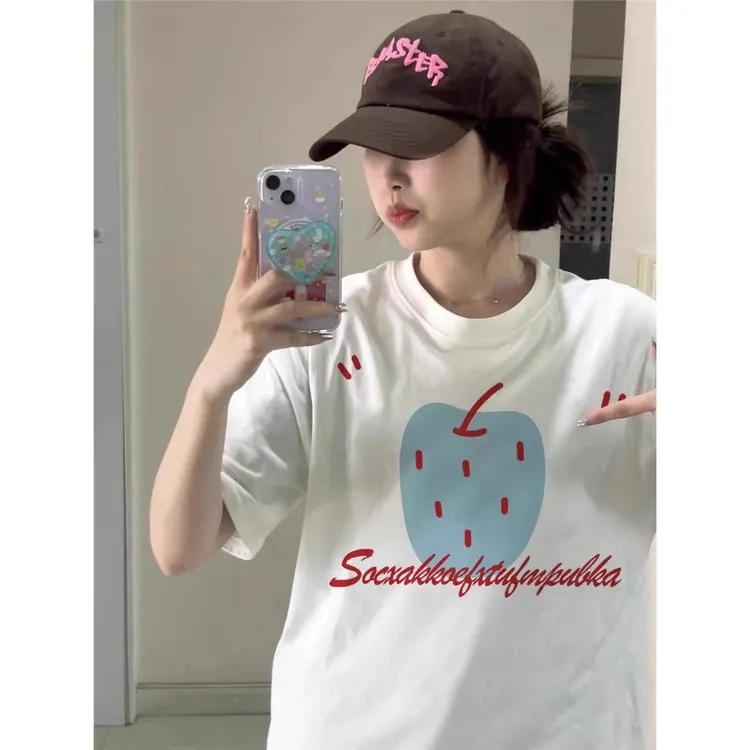 白色短袖女2025新款t恤爆款夏季纯棉正肩设计感美式半袖宽松上衣