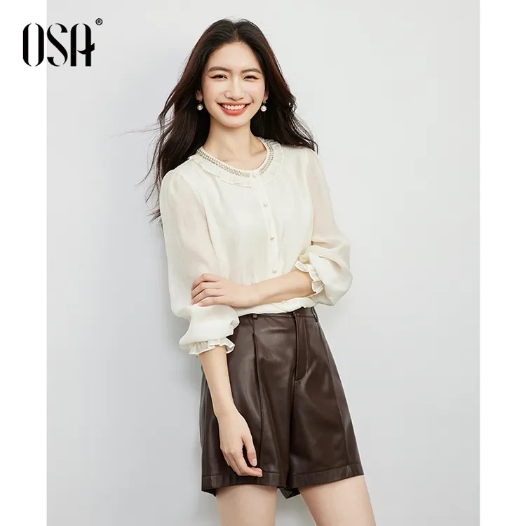 OSA/欧莎 法式钉珠圆领荷叶边衬衫女肌理感衬衣上衣S125C12005