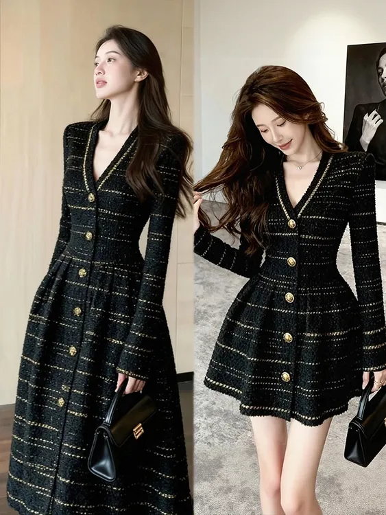 秋冬季韩系独特好看的小香风千金感气质高级感连衣裙女显瘦短裙子