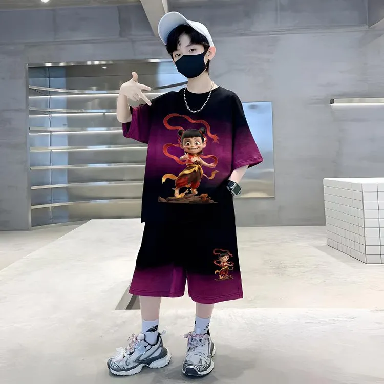 新款夏季哪吒儿童潮牌痞帅夏装童装套装超萌男童t恤休闲宽松短袖