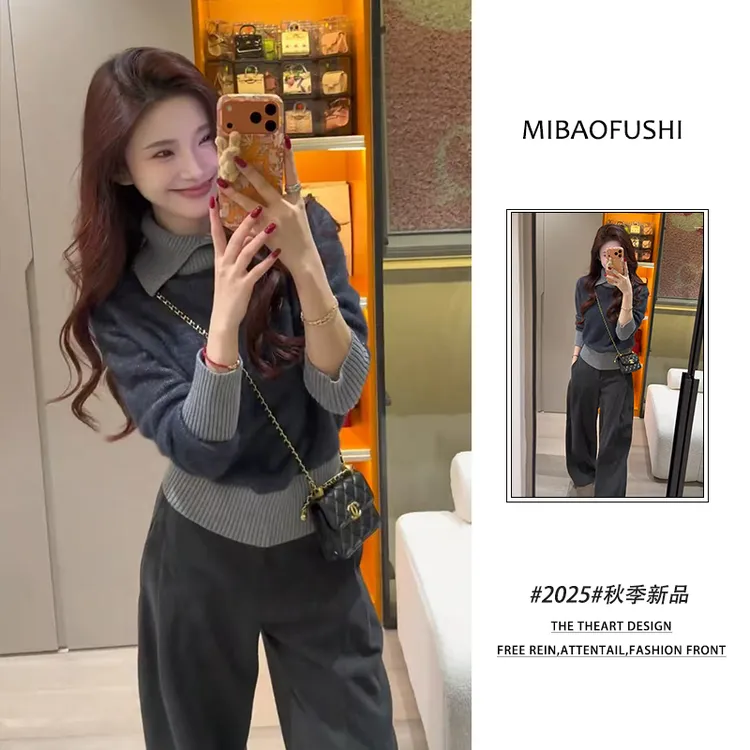 超火秋冬穿搭一整套2025新款休闲翻领针织衫上衣百搭阔腿裤两件套