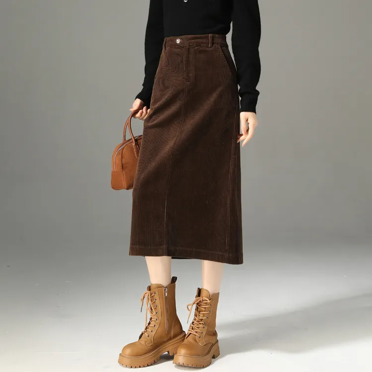 曼德西比利灯芯绒半身裙女秋冬2025高腰显瘦中长款a字开叉条绒裙