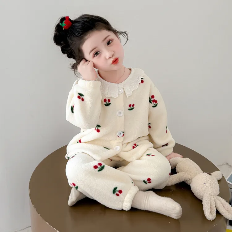 儿童睡衣女孩珊瑚绒秋冬季开衫套装宝宝法兰绒冬款薄绒女童家居服