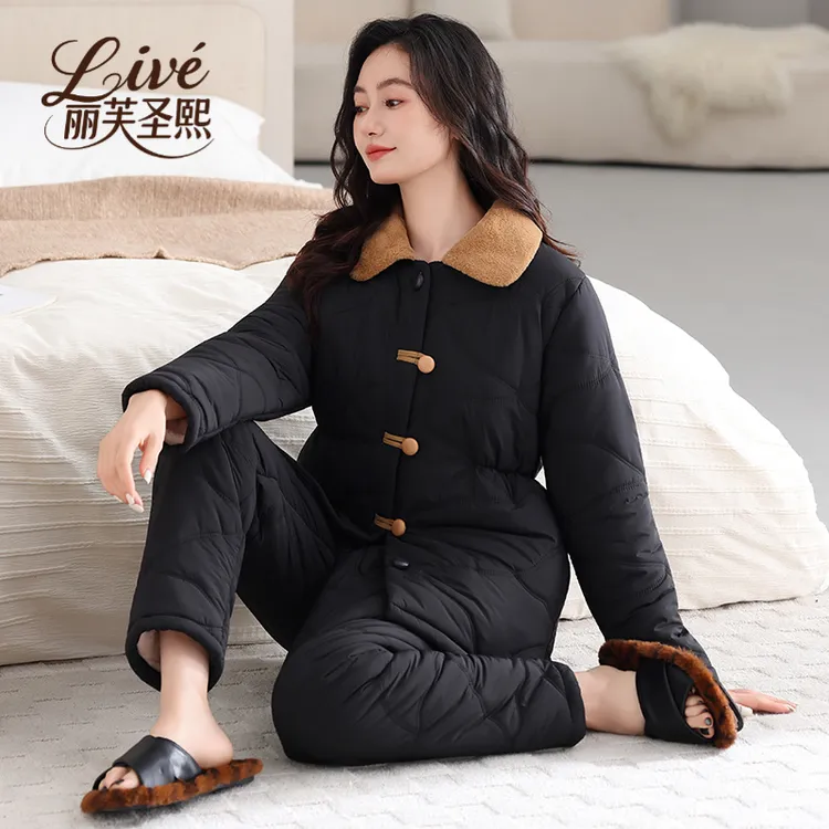 羽绒夹棉睡衣女士冬季三层加绒加厚可外穿高级黑色防风冬款家居服