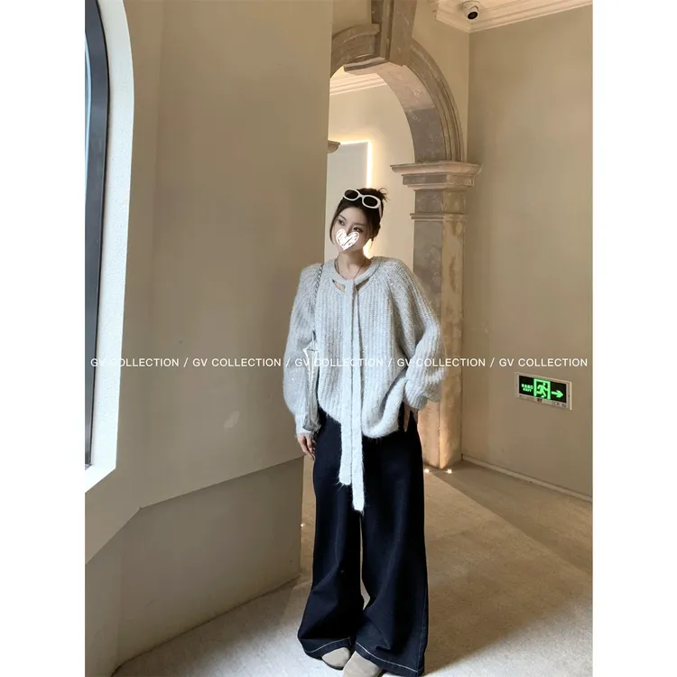 【松弛学院】 飘带棒针廓形慵懒风针织毛衣#8911