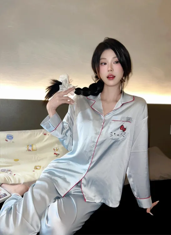 大码冰丝睡衣女薄荷撞色Kitty高级感冰丝甜美简约少女家居服套装