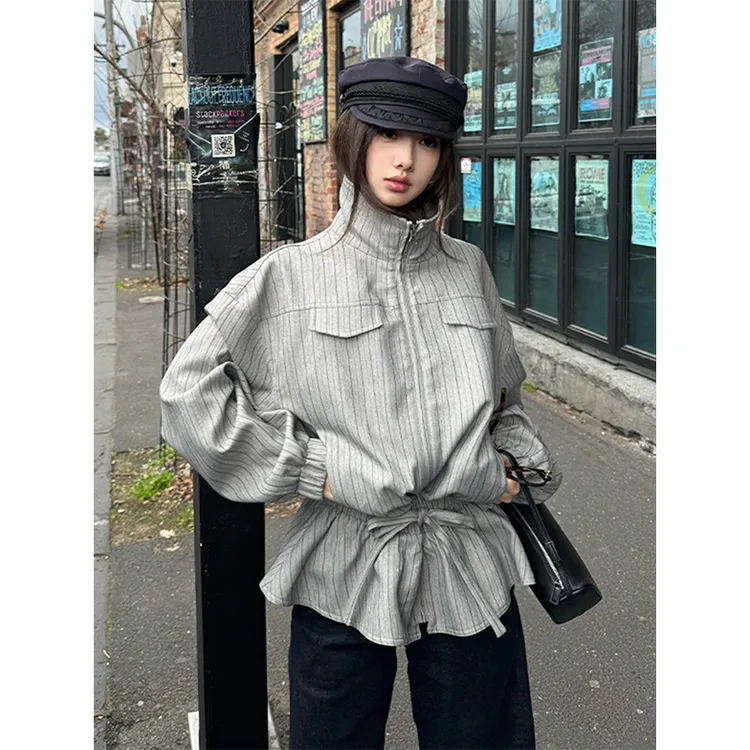 韩系chic立领条纹收腰抽绳外套女秋季新款设计感穿搭拉链夹克上衣