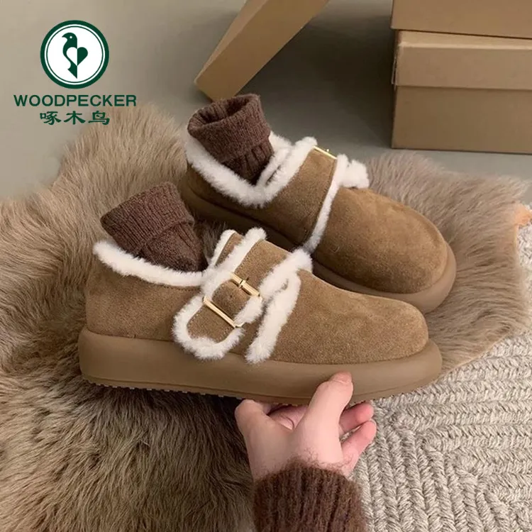 啄木鸟勃肯鞋女2025新款秋冬季加绒毛毛鞋外穿保暖棉鞋厚底雪地靴