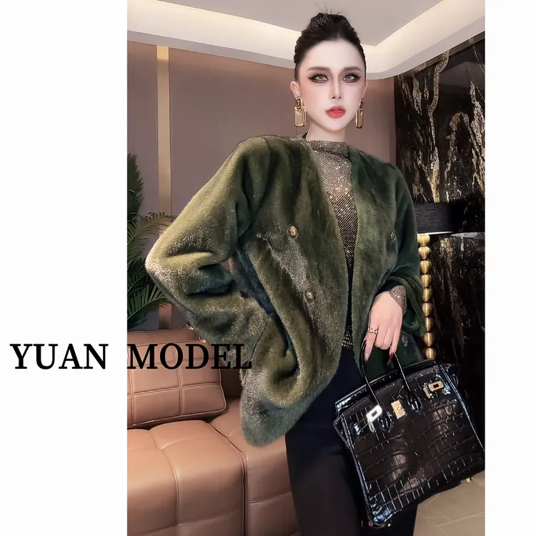 YUAN MODE/媛老板-高端时尚贵妇气质金扣草外套冬季女装 110408