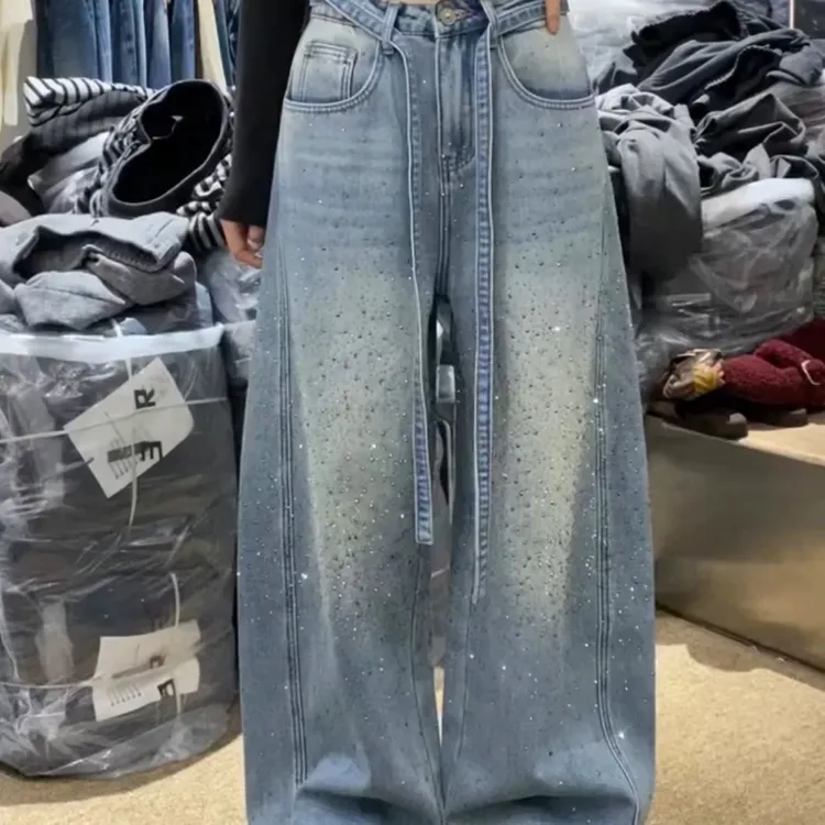 春款精品女装烫钻加绒阔腿牛仔裤高腰显瘦百搭拖地裤