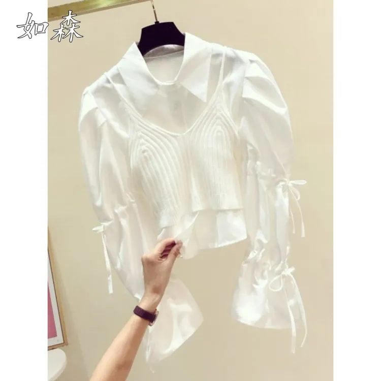 泡泡袖白衬衫女休闲2025秋季新款小众洋气吊带背心衬衣两件套上衣