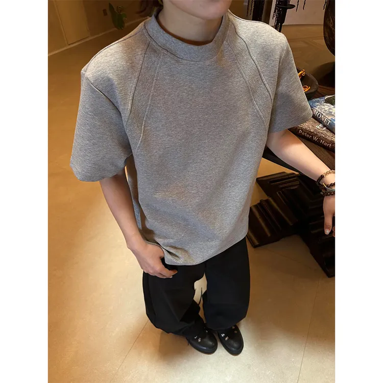 太空棉空气层拼接短袖T恤男女抗皱硬挺纯色体恤短款boxy版型