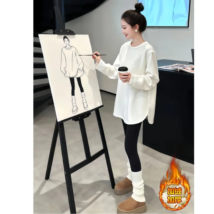 中长款白色内搭打底衫女士遮屁股卫衣长袖T恤加绒配鲨鱼裤的上衣