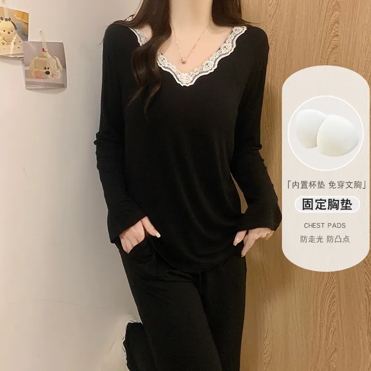 带胸垫睡衣女春秋季莫代尔长袖性感v领黑色蕾丝花边防凸点两件套