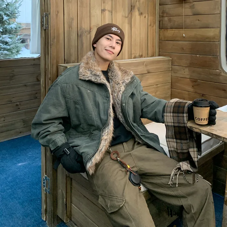 Holocene美式潮牌水洗裁剪翻领工装棉服座山雕情侣款外套990998