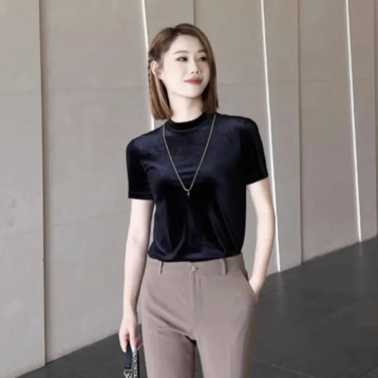 GIRDEAR/哥弟修身春夏烟囱领纯色显瘦百搭简约丝绒半袖1300606