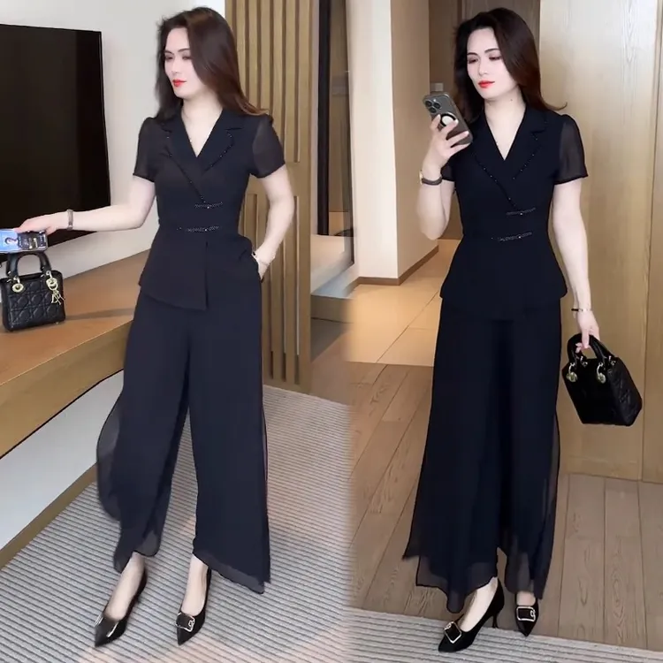 时尚雪纺套装女士2025夏季新款时髦洋气显瘦短袖上衣阔腿裤两件套