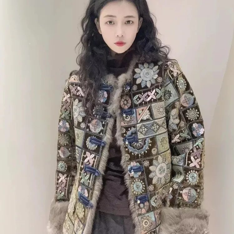 几何艺术皮草新中式国风长袖加厚中国风外套055