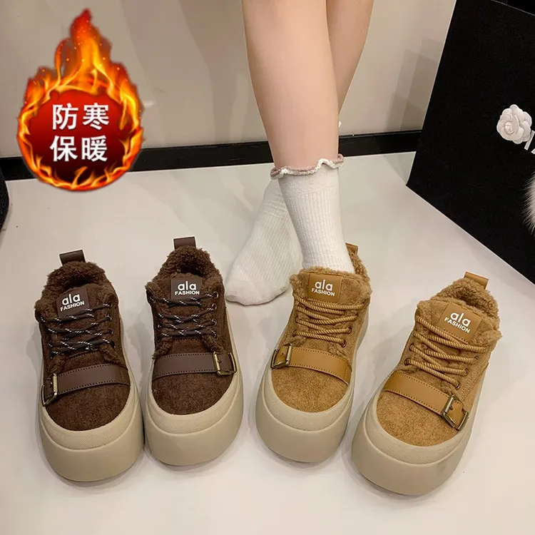 爆款加绒德训鞋女款2025冬季新款百搭保暖棉鞋厚底休闲板鞋运动鞋