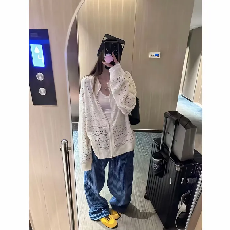 【三件套】2025秋季新款ins风白色开衫蓝色格纹阔腿裤白色背心吊带