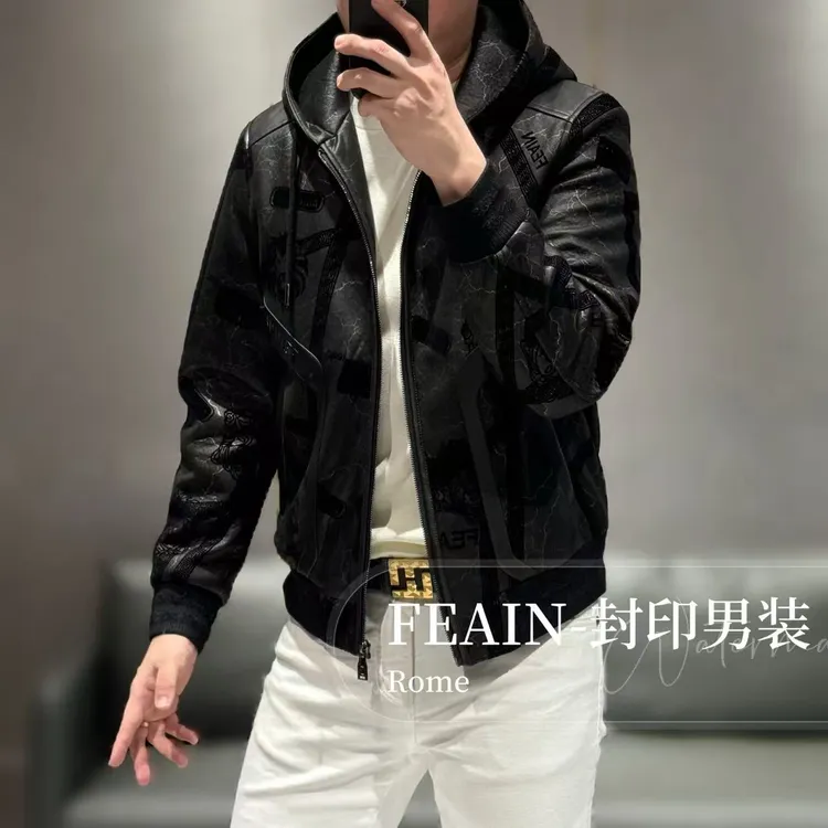 【FEAIN品牌】高端真皮拼接6D立体激光雕花植绒工艺连帽夹克8113