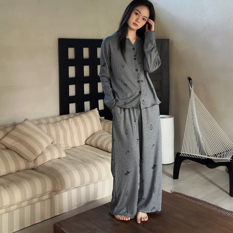 及好睡衣女春秋季德绒保暖长袖开衫可外穿灰色家居服秋冬薄绒套装