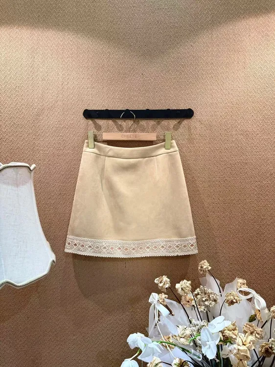 【芝士Cheese】北海花园  高腰韩系蕾丝厚款拼接时尚A字毛呢半身裙