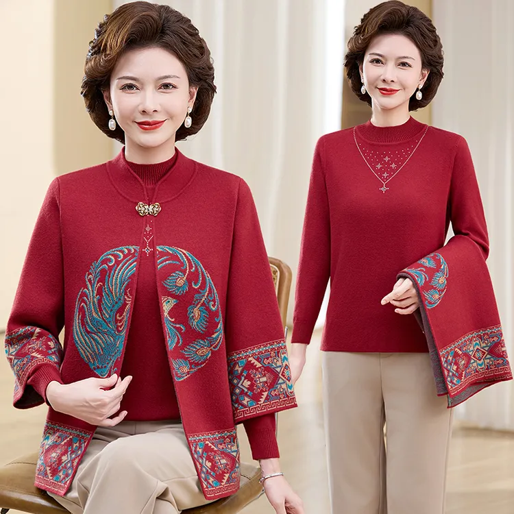 2025新款喜庆妈妈装生日礼服毛针织衫中老年女装毛衣外套两件套装