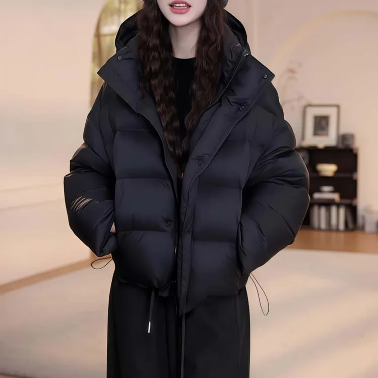 冬季新款保暖防风女士纯色加厚棉服休闲立领连帽长袖面包服外套女