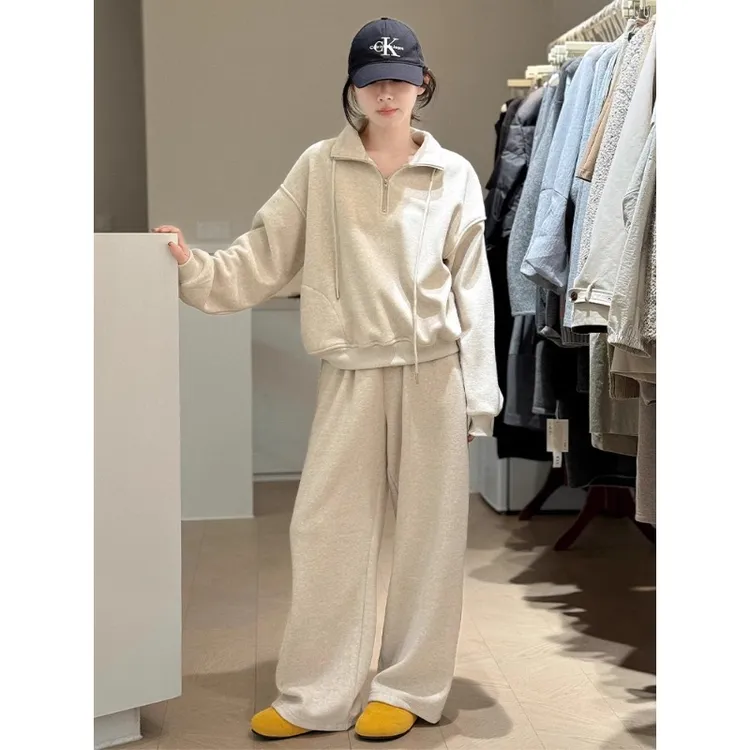 韩系加绒立领卫衣套装女2025新款秋冬季慵懒宽松休闲卫裤两件套潮