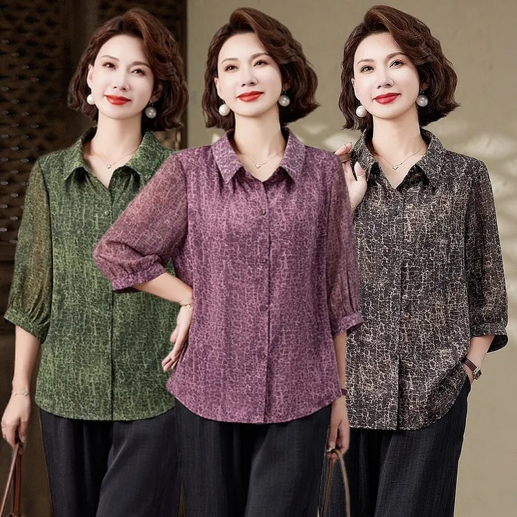 妈妈七分袖薄款衬衫2025新款上衣中老年女春夏装翻领开衫洋气衬衣